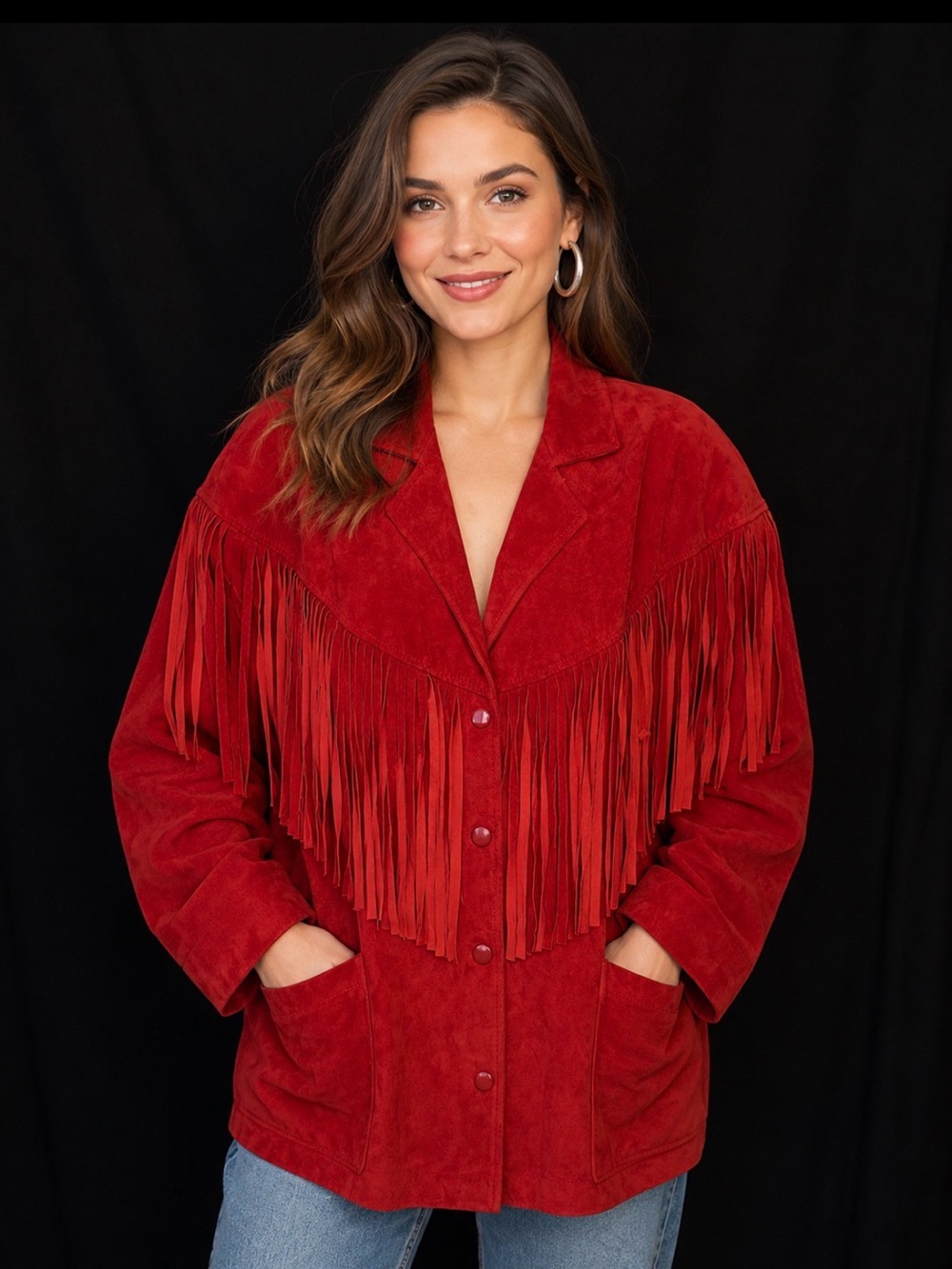 Vintage Red Suede Fringe Western Jacket Boho Cowgirl Snap Front Women’s Medium